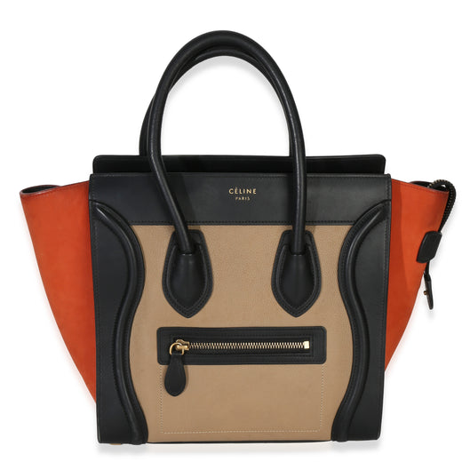 Celine Beige Multicolor Drummed Calfskin Nubuck Nano Luggage Tote Beige; Black Leather Handbag