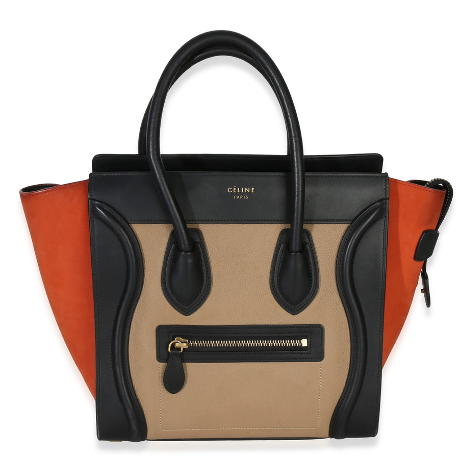 Celine Beige Multicolor Drummed Calfskin Nubuck Nano Luggage Tote Beige; Black Leather Handbag
