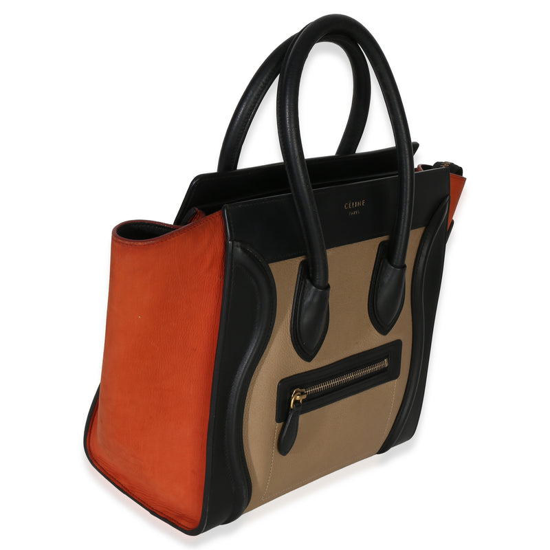 Celine Beige Multicolor Drummed Calfskin Nubuck Nano Luggage Tote Beige; Black Leather Handbag