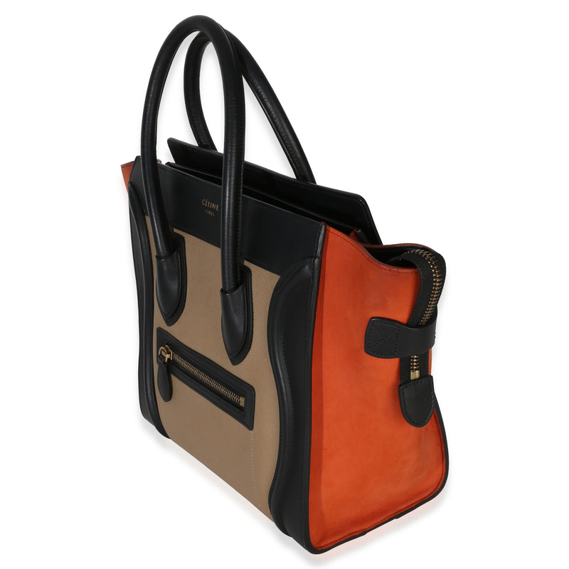 Celine Beige Multicolor Drummed Calfskin Nubuck Nano Luggage Tote Beige; Black Leather Handbag