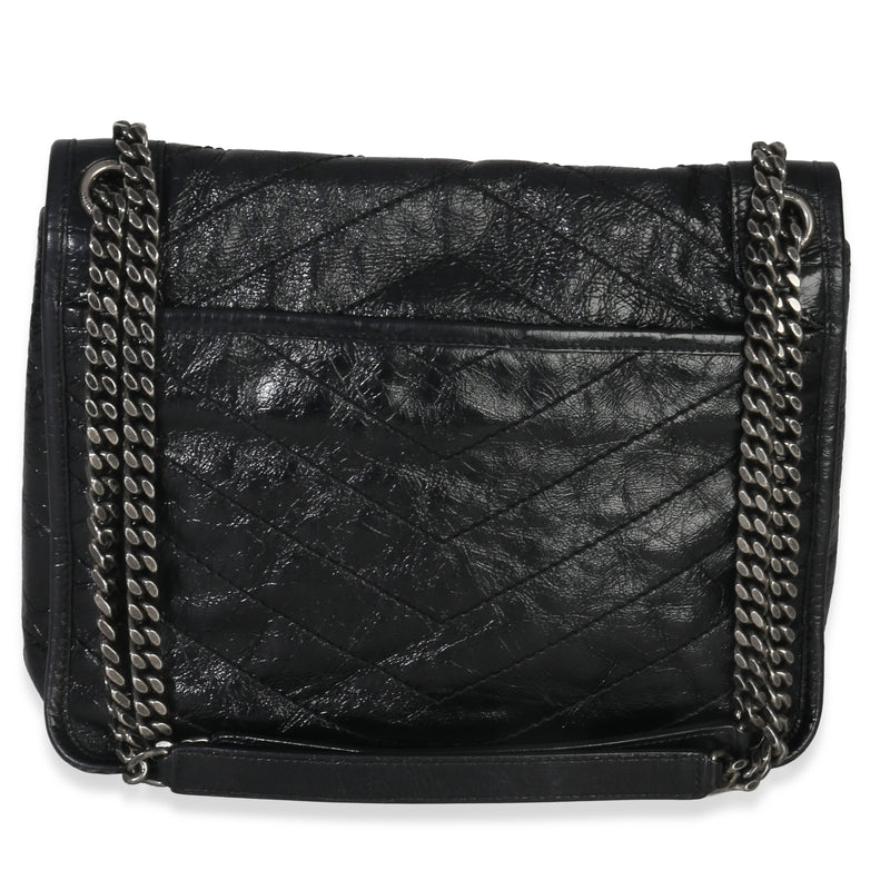 Saint Laurent Black Crinkled Calfskin Matelasse Medium Niki Chain Satchel Leather Handbag