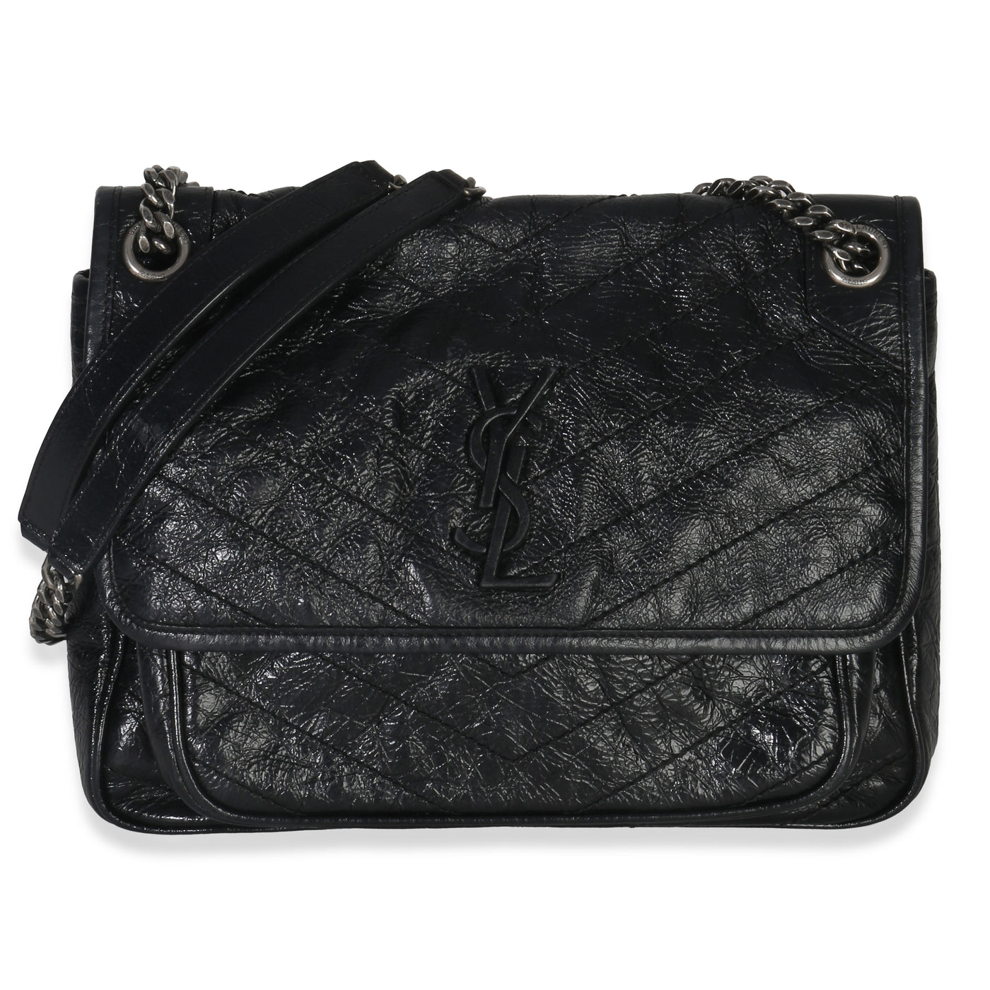 Saint Laurent Black Crinkled Calfskin Matelasse Medium Niki Chain Satchel Leather Handbag