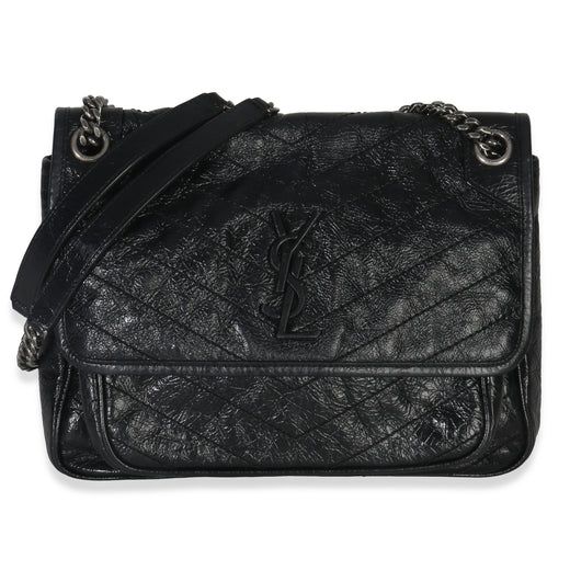 Saint Laurent Black Crinkled Calfskin Matelasse Medium Niki Chain Satchel Leather Handbag