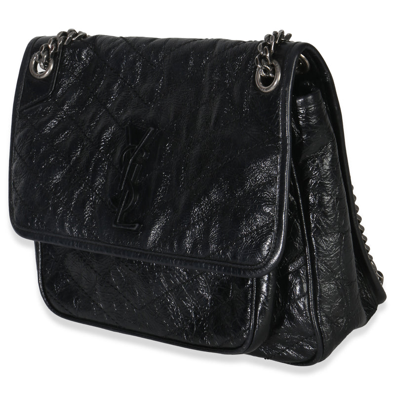 Saint Laurent Black Crinkled Calfskin Matelasse Medium Niki Chain Satchel Leather Handbag