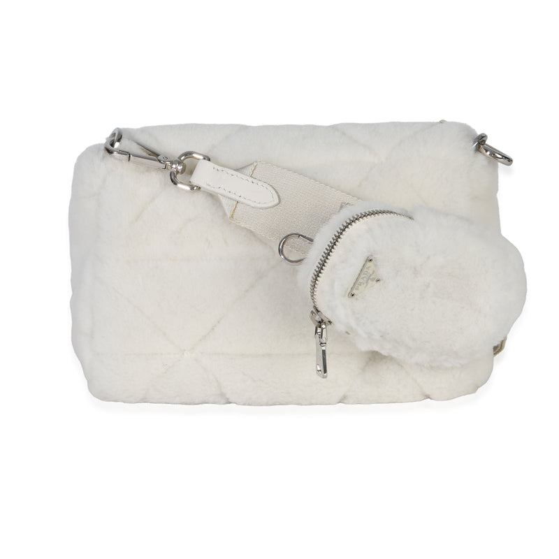 Prada White Shearling Patchwork System Flap Bag Exotic Handbag