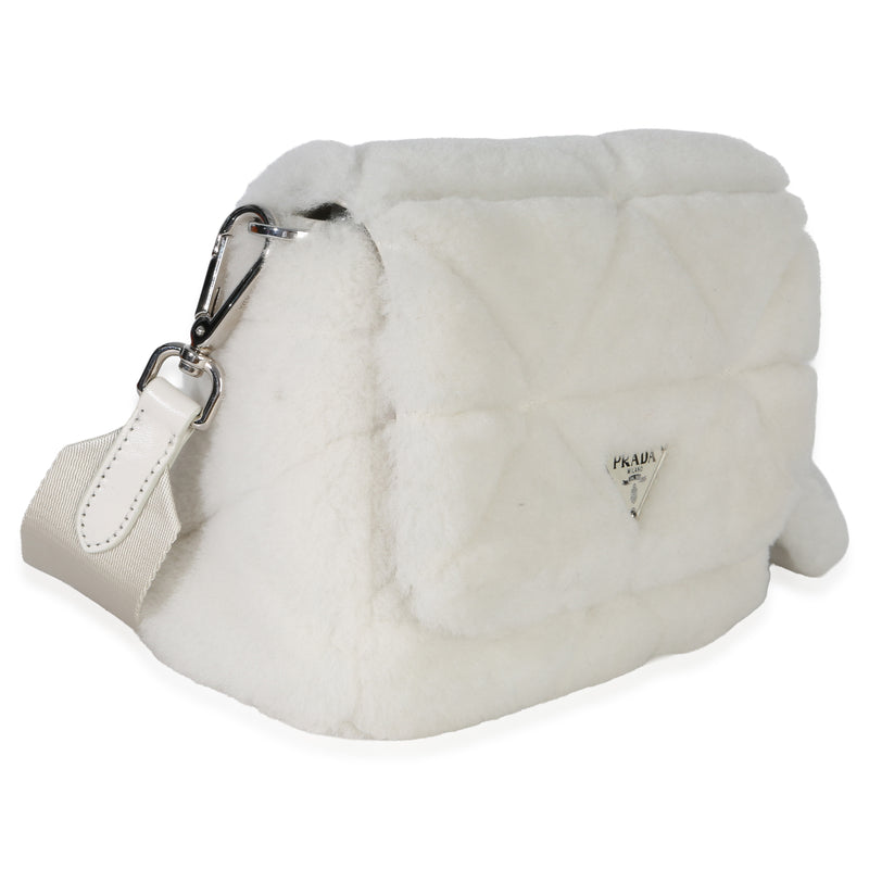 Prada White Shearling Patchwork System Flap Bag Exotic Handbag