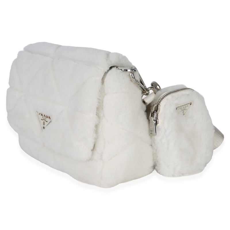 Prada White Shearling Patchwork System Flap Bag Exotic Handbag
