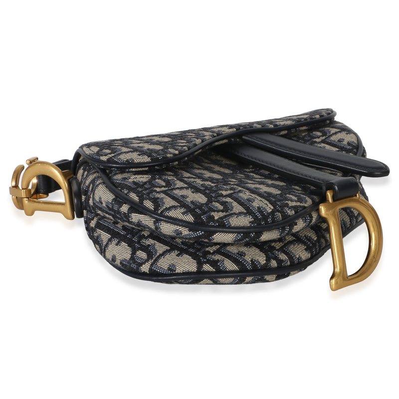 Christian Dior Navy Oblique Canvas Mini Saddle Bag Beige; Blue Fabric Handbag