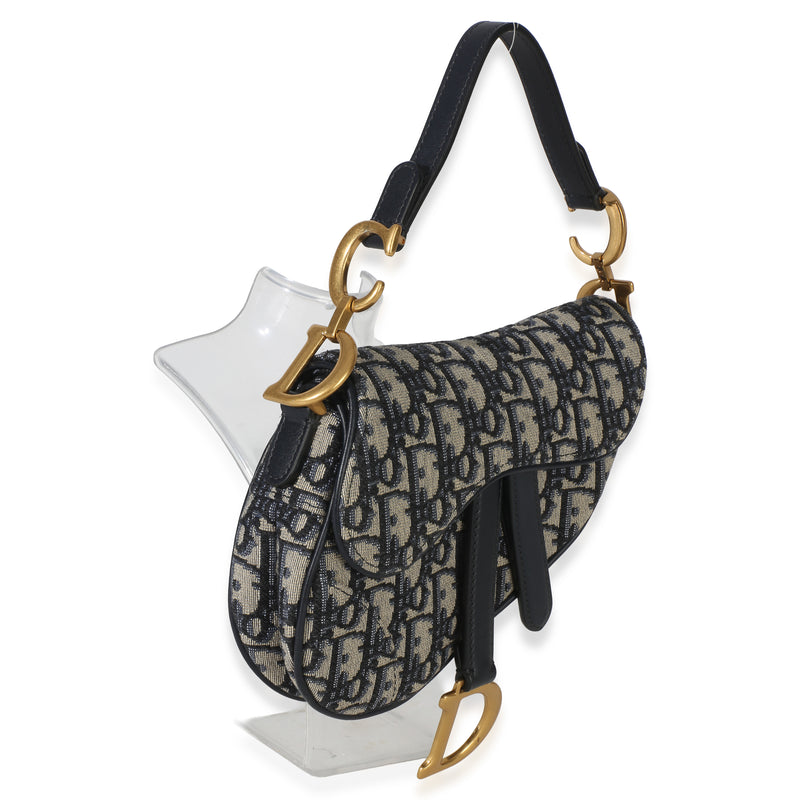 Christian Dior Navy Oblique Canvas Mini Saddle Bag Beige; Blue Fabric Handbag