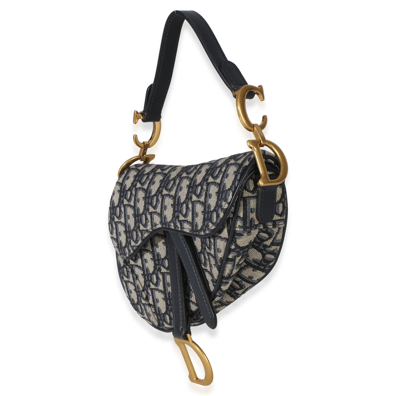 Christian Dior Navy Oblique Canvas Mini Saddle Bag Beige; Blue Fabric Handbag