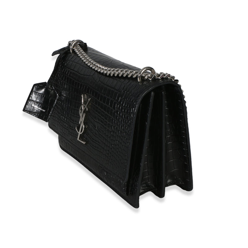Saint Laurent Black Croc Embossed Calfskin Medium Monogram Sunset Bag Exotic Handbag
