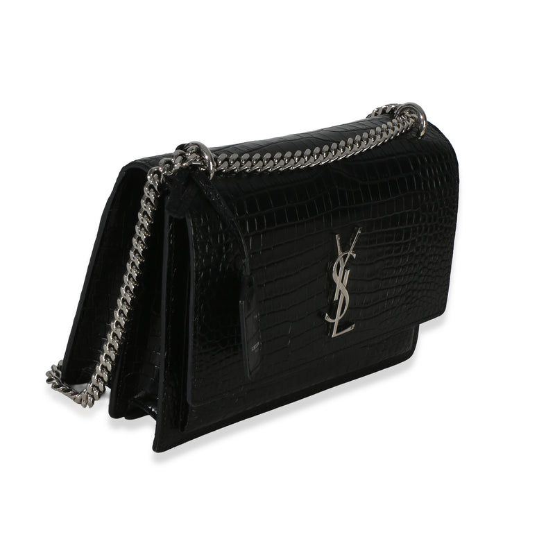 Saint Laurent Black Croc Embossed Calfskin Medium Monogram Sunset Bag Exotic Handbag