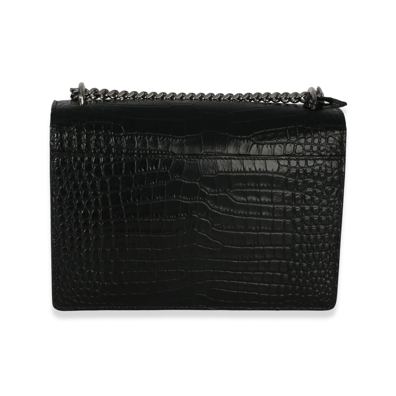 Saint Laurent Black Croc Embossed Calfskin Medium Monogram Sunset Bag Exotic Handbag