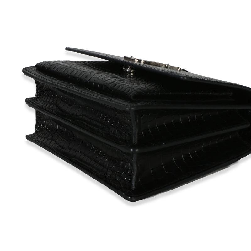 Saint Laurent Black Croc Embossed Calfskin Medium Monogram Sunset Bag Exotic Handbag
