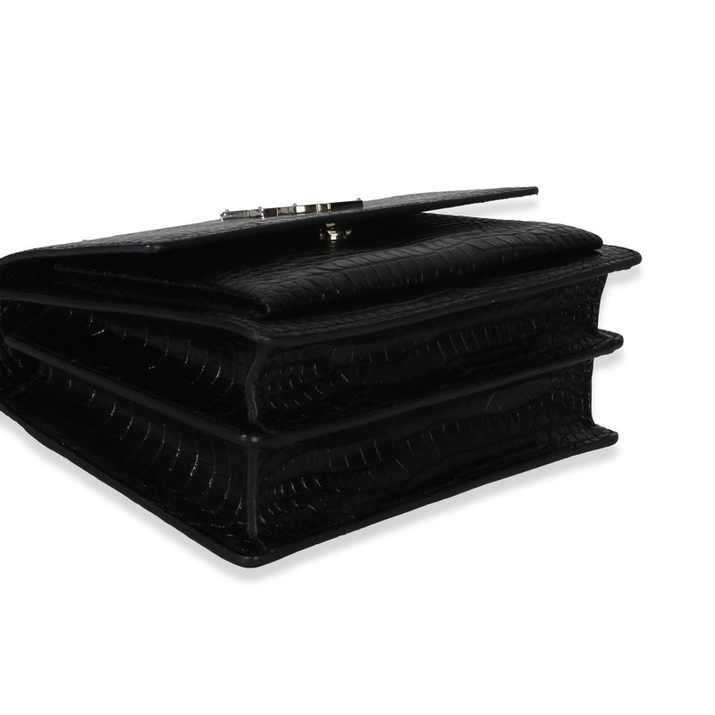 Saint Laurent Black Croc Embossed Calfskin Medium Monogram Sunset Bag Exotic Handbag