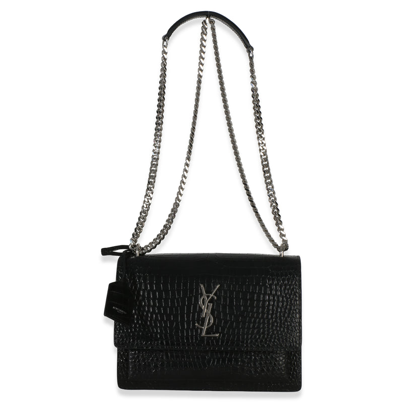 Saint Laurent Black Croc Embossed Calfskin Medium Monogram Sunset Bag Exotic Handbag