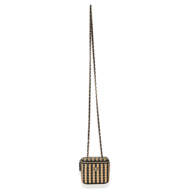 Chanel Black Beige Raffia Jute Striped Mini Vanity Case With Chain Beige; Straw/raffia Handbag
