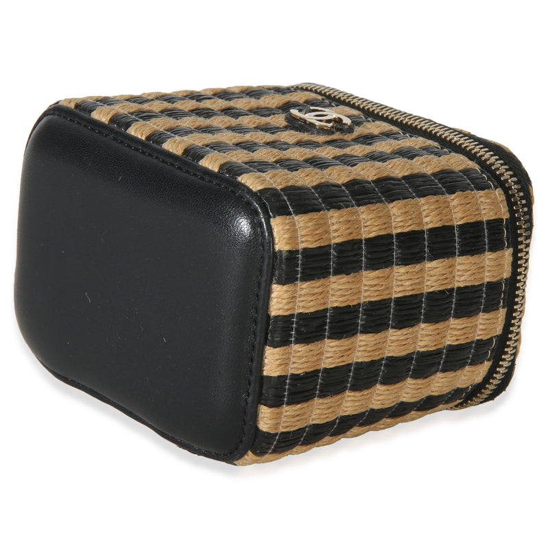 Chanel Black Beige Raffia Jute Striped Mini Vanity Case With Chain Beige; Straw/raffia Handbag
