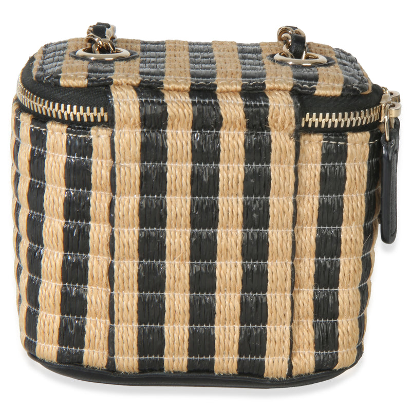 Chanel Black Beige Raffia Jute Striped Mini Vanity Case With Chain Beige; Straw/raffia Handbag