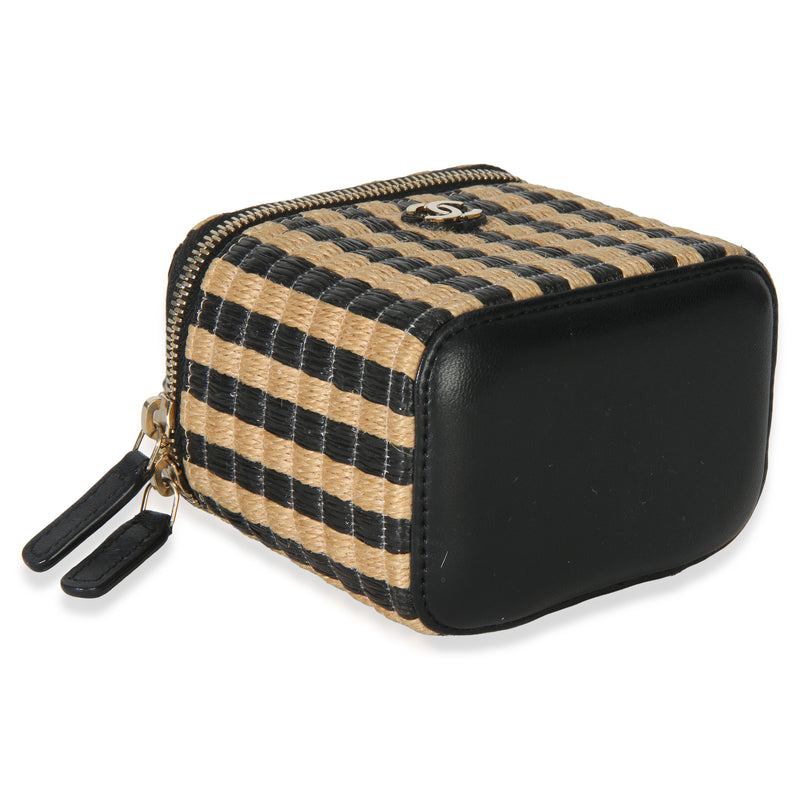 Chanel Black Beige Raffia Jute Striped Mini Vanity Case With Chain Beige; Straw/raffia Handbag