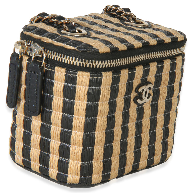 Chanel Black Beige Raffia Jute Striped Mini Vanity Case With Chain Beige; Straw/raffia Handbag