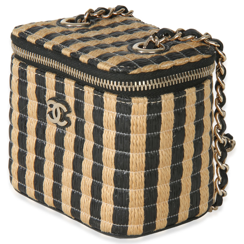Chanel Black Beige Raffia Jute Striped Mini Vanity Case With Chain Beige; Straw/raffia Handbag