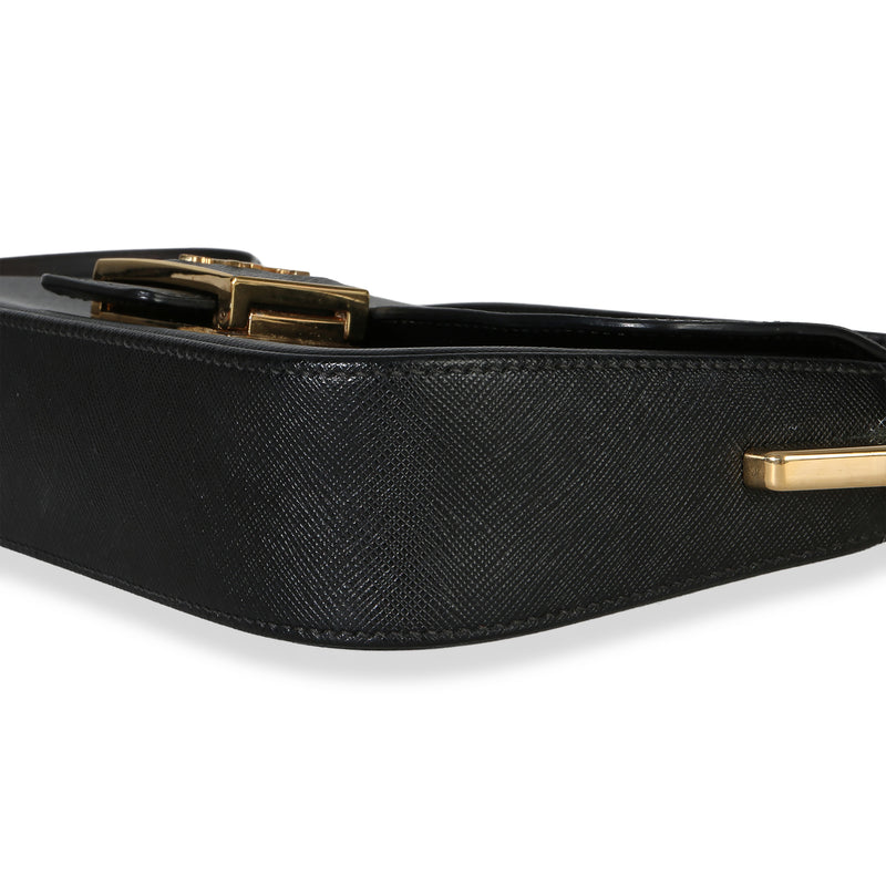 Prada Black Saffiano Lux Leather Embleme Flap Shoulder Bag Handbag
