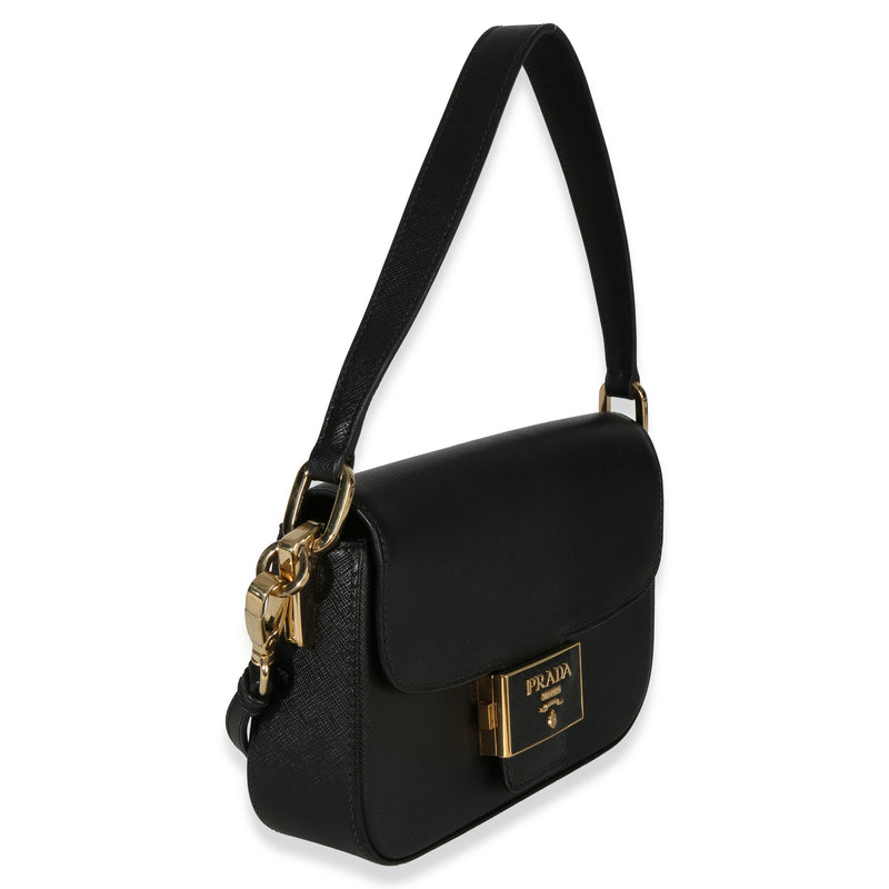 Prada Black Saffiano Lux Leather Embleme Flap Shoulder Bag Handbag