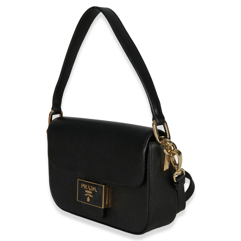 Prada Black Saffiano Lux Leather Embleme Flap Shoulder Bag Handbag