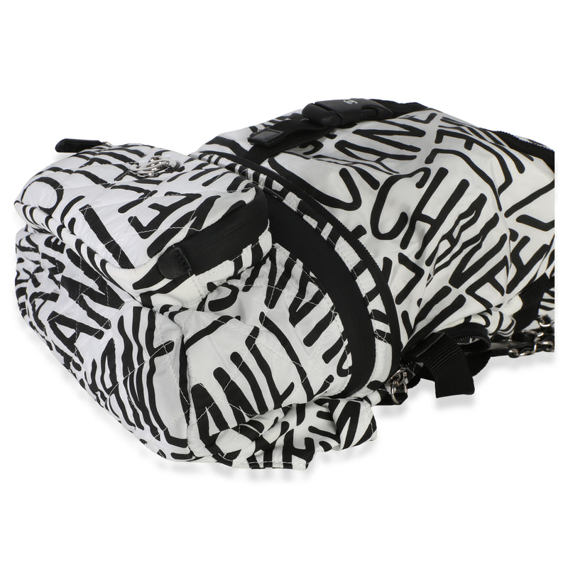 Chanel White Black Nylon Printed Coco Neige Backpack Handbag