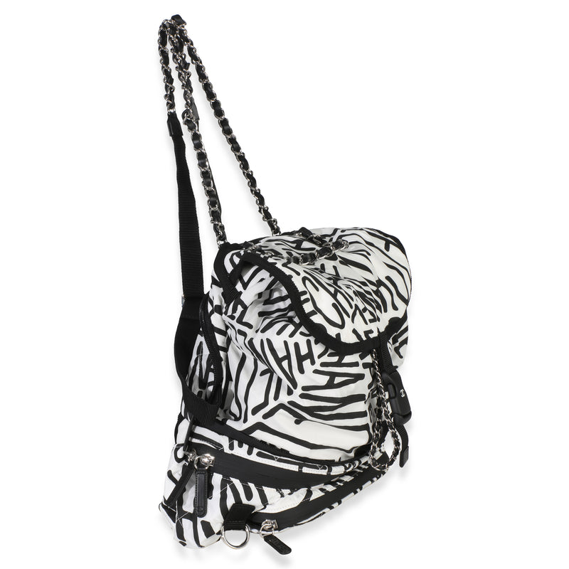 Chanel White Black Nylon Printed Coco Neige Backpack Handbag
