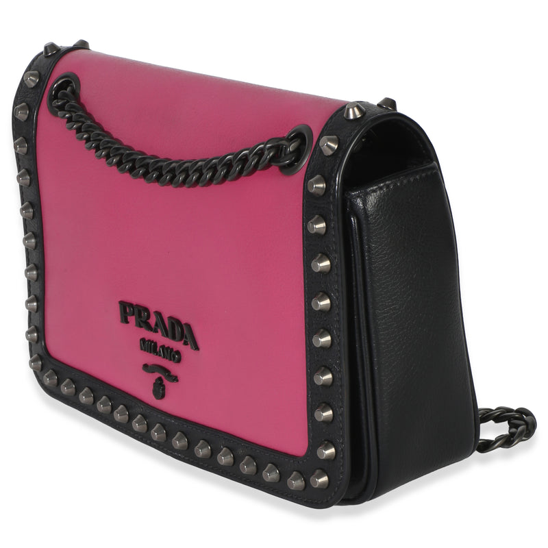Prada Black Pink Calfskin Glace Studded Chain Flap Black; Leather Handbag