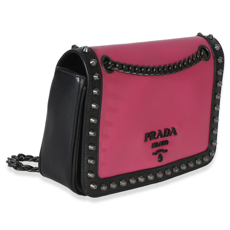 Prada Black Pink Calfskin Glace Studded Chain Flap Black; Leather Handbag