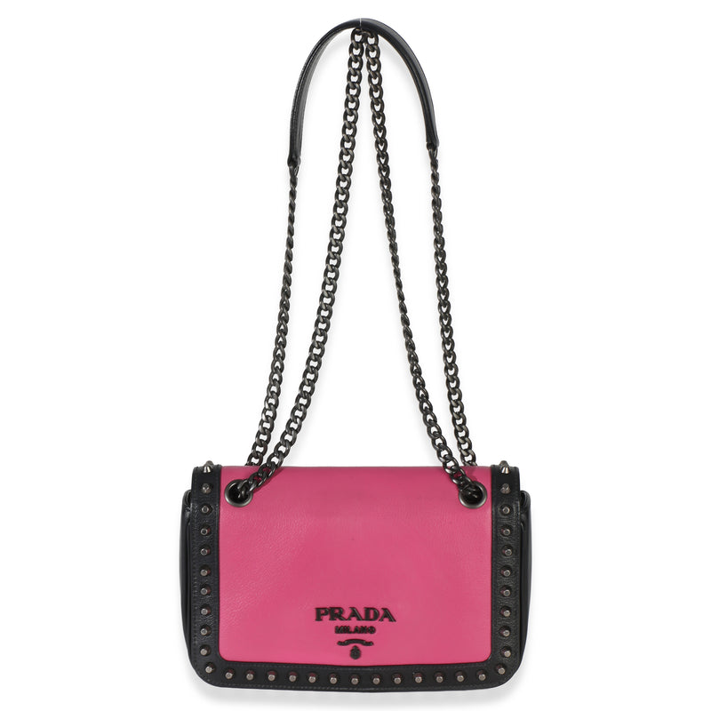 Prada Black Pink Calfskin Glace Studded Chain Flap Black; Leather Handbag