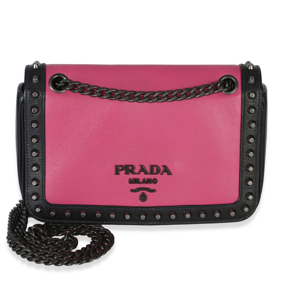 Prada Black Pink Calfskin Glace Studded Chain Flap Black; Leather Handbag
