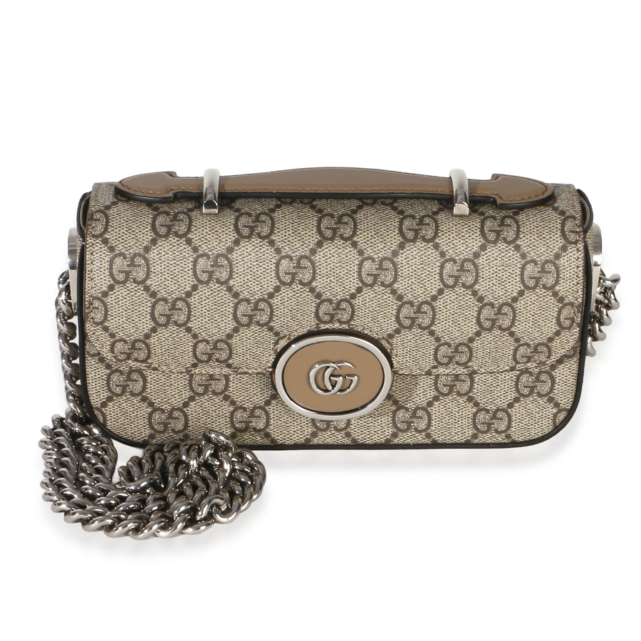 Gucci Beige Ebony Gg Supreme Senna Petite Top Handle Chain Shoulder Bag Brown Canvas Handbag
