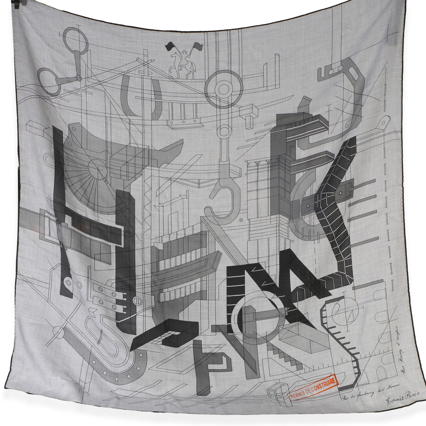 Hermès Mens Gris Chine Permis De Constructruir Silk Cashmere Scarf 100 Gray Scarves/wraps