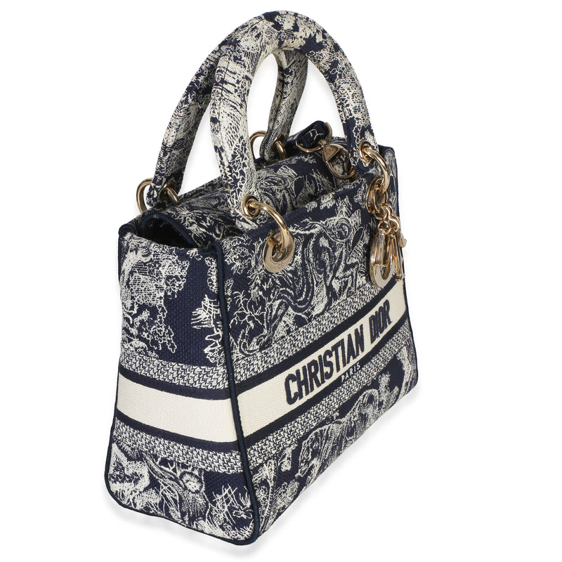 Christian Dior Navy Canvas Toile De Jouy Embroidered Medium Lady D-Lite Blue Handbag