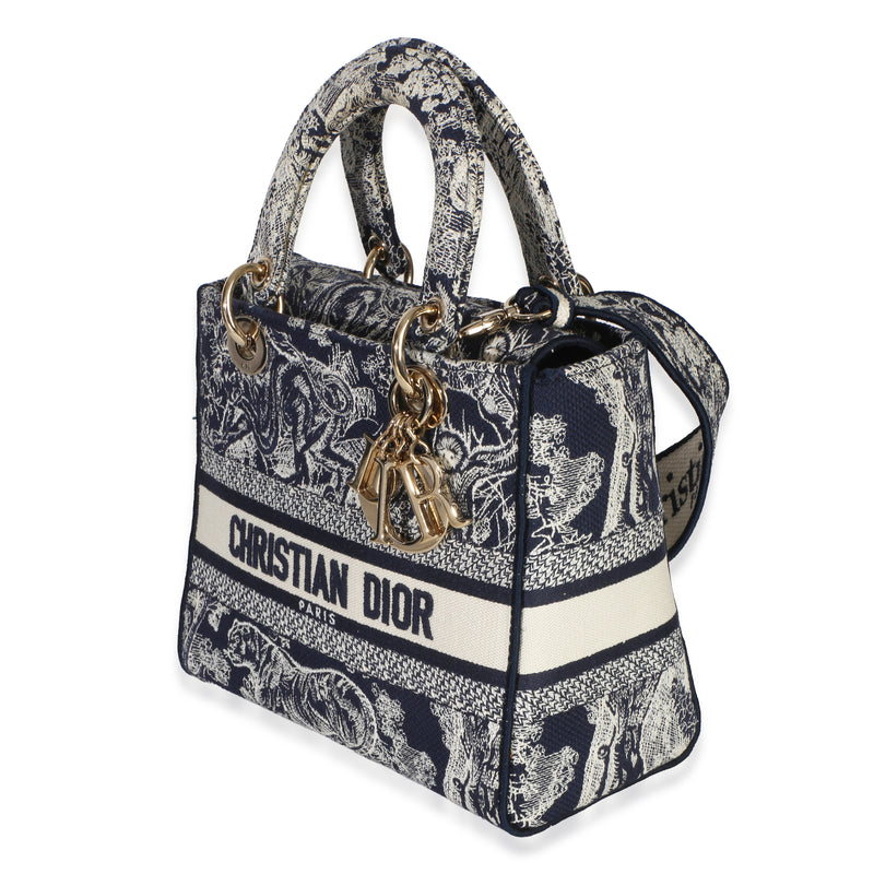 Christian Dior Navy Canvas Toile De Jouy Embroidered Medium Lady D-Lite Blue Handbag