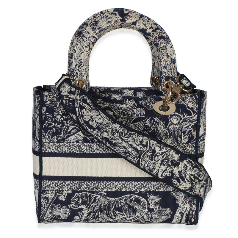 Christian Dior Navy Canvas Toile De Jouy Embroidered Medium Lady D-Lite Blue Handbag