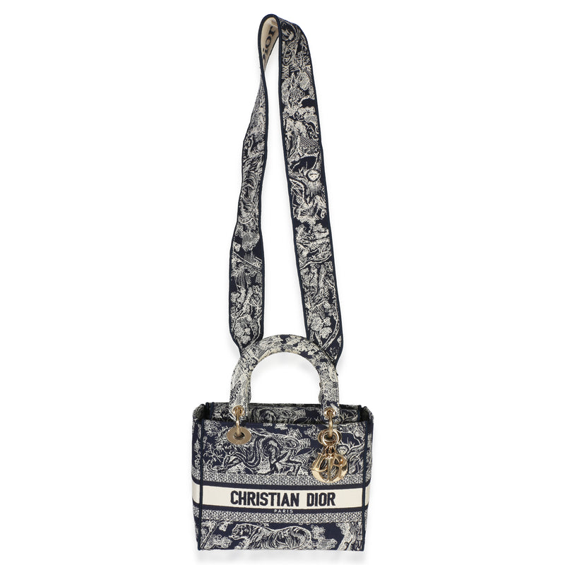 Christian Dior Navy Canvas Toile De Jouy Embroidered Medium Lady D-Lite Blue Handbag
