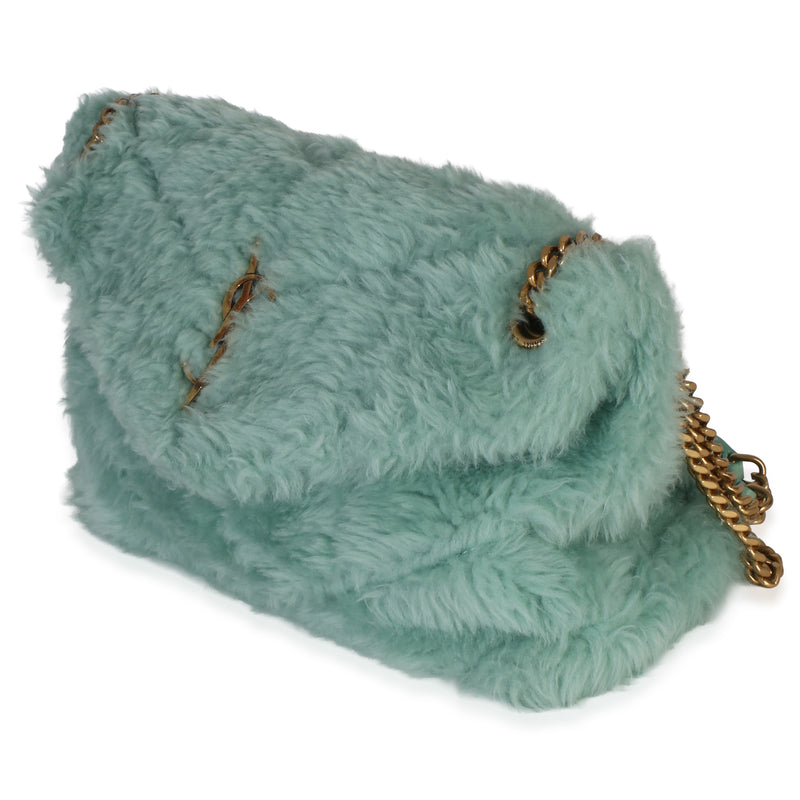 Saint Laurent Shearling Quilted Monogram Small Loulou Puffer Chain Satchel Blue Fabric Handbag