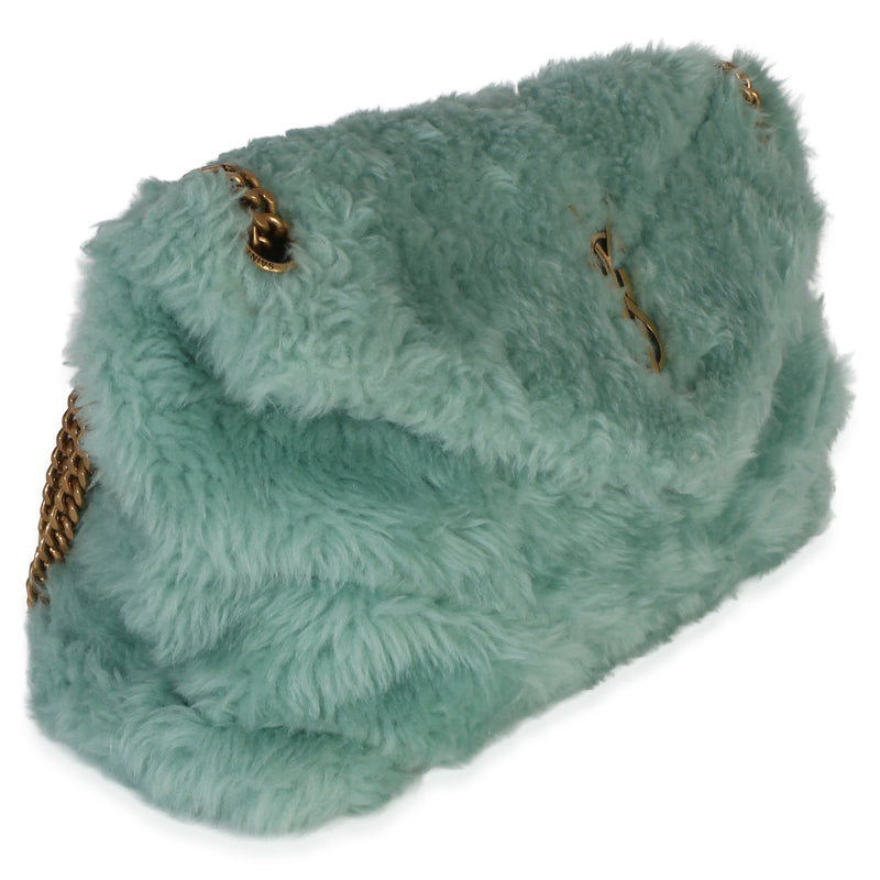 Saint Laurent Shearling Quilted Monogram Small Loulou Puffer Chain Satchel Blue Fabric Handbag