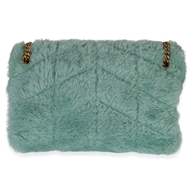 Saint Laurent Shearling Quilted Monogram Small Loulou Puffer Chain Satchel Blue Fabric Handbag