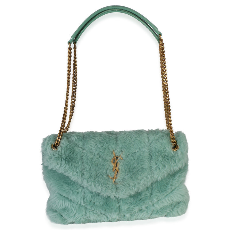 Saint Laurent Shearling Quilted Monogram Small Loulou Puffer Chain Satchel Blue Fabric Handbag