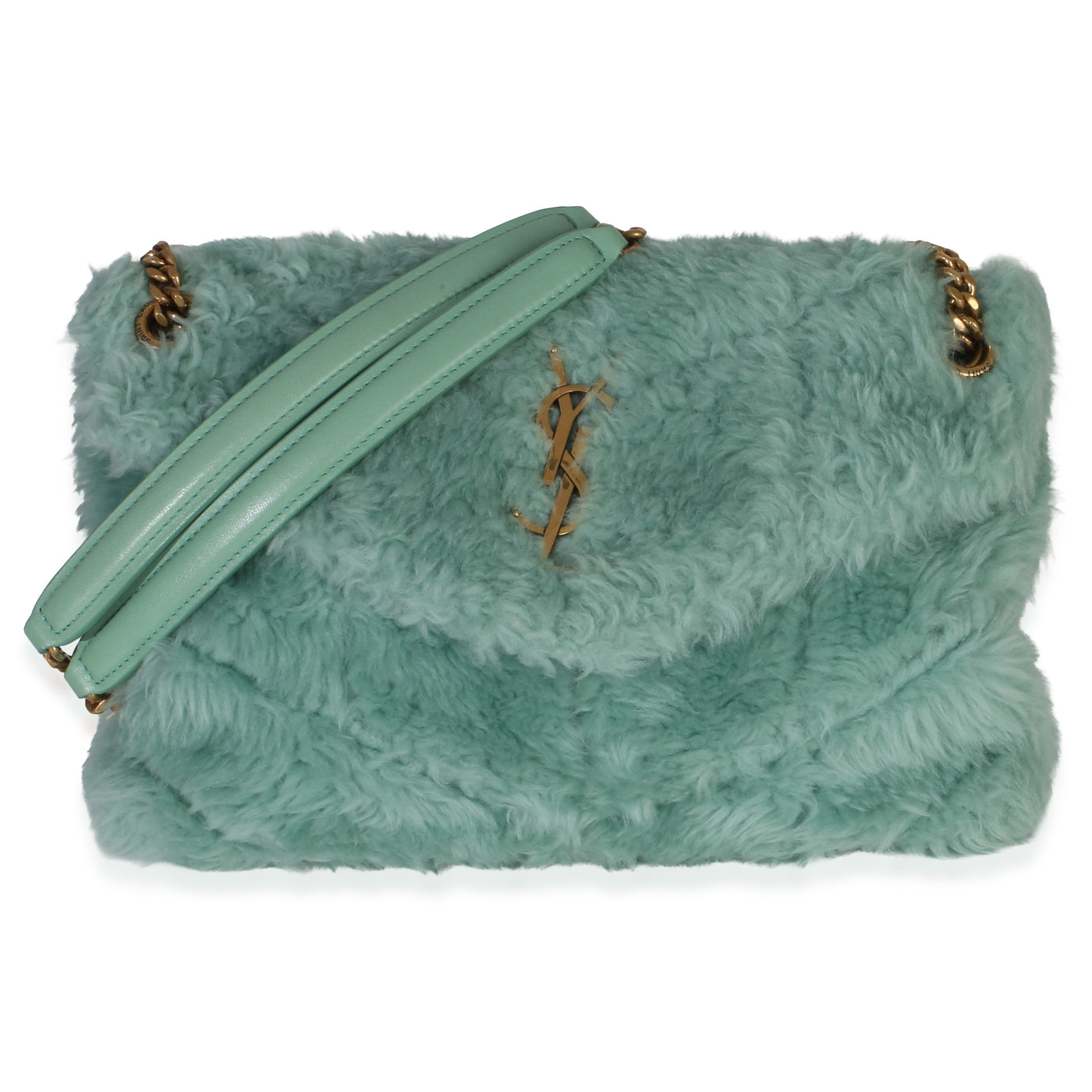 Saint Laurent Shearling Quilted Monogram Small Loulou Puffer Chain Satchel Blue Fabric Handbag