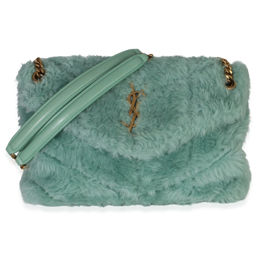 Saint Laurent Shearling Quilted Monogram Small Loulou Puffer Chain Satchel Blue Fabric Handbag