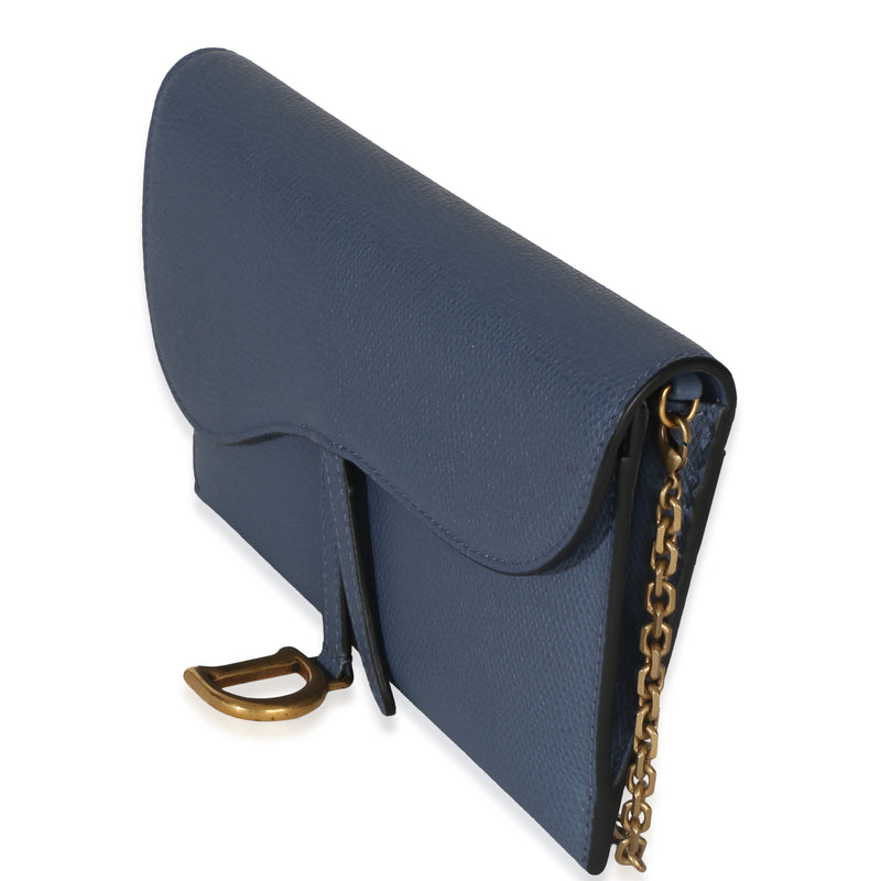 Christian Dior Blue Grained Calfskin Small Saddle Pouch With Chain Leather Handbag