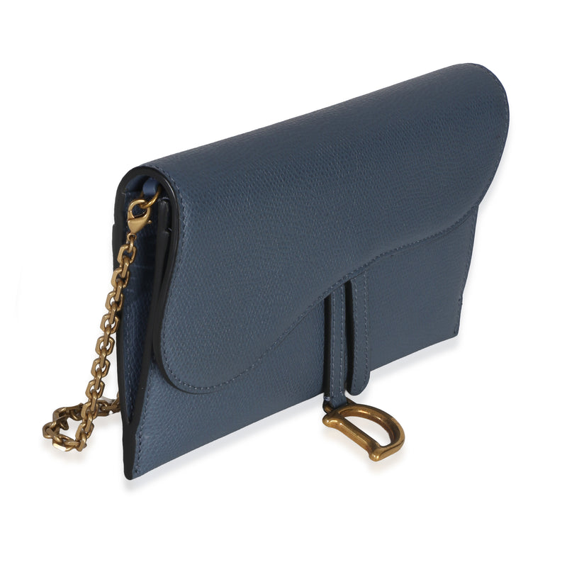 Christian Dior Blue Grained Calfskin Small Saddle Pouch With Chain Leather Handbag
