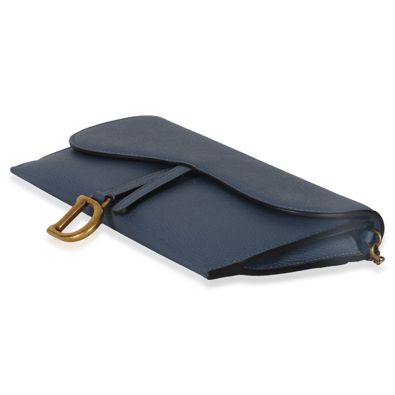 Christian Dior Blue Grained Calfskin Small Saddle Pouch With Chain Leather Handbag